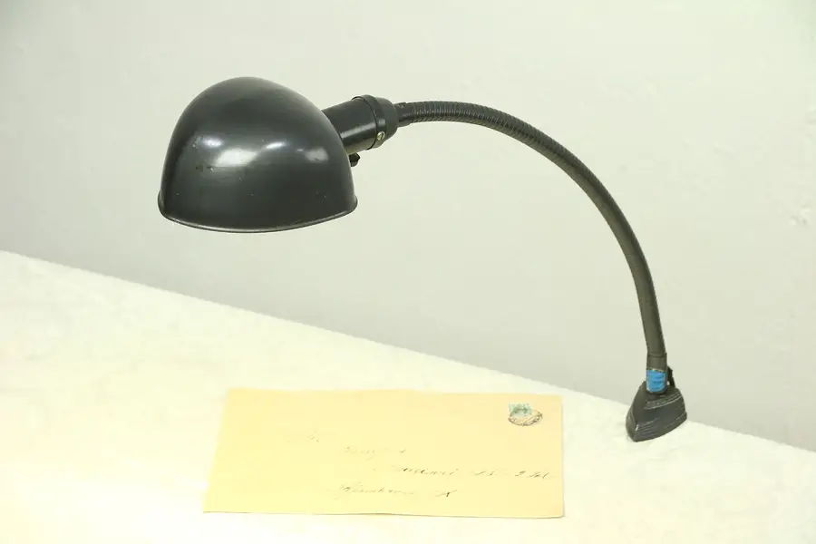 Photo of Desk or Workbench Flexible Lamp with Clamp, 1940's Vintage Work Light Fixture