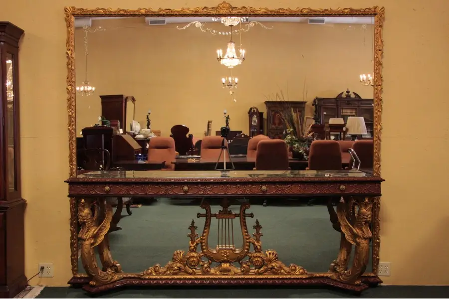 Photo of Italian Art Deco Console Mirror, 8' wide with Marble