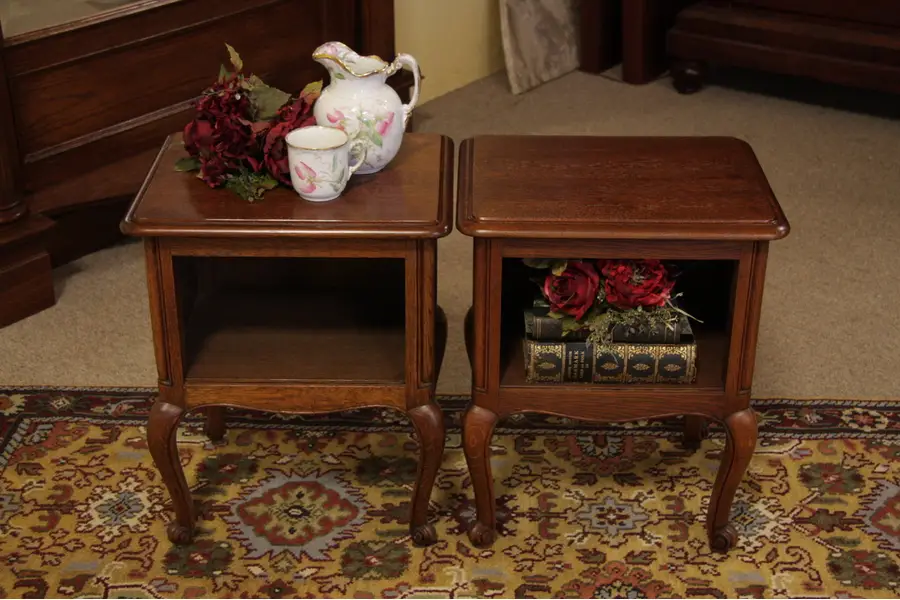 Photo of Pair of Carved Oak Bedside Tables or Nightstands