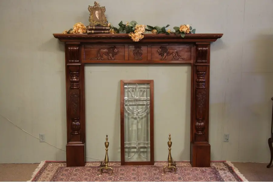 Photo of Mahogany Fireplace Mantel, Carved Lions