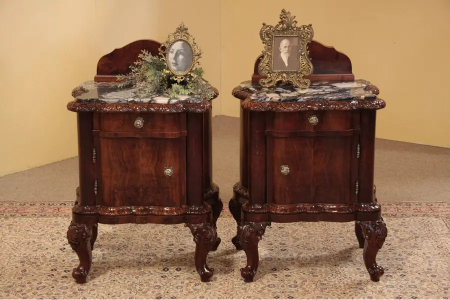 Photo of Carved Walnut& Marble Pair of Nightstands End Tables