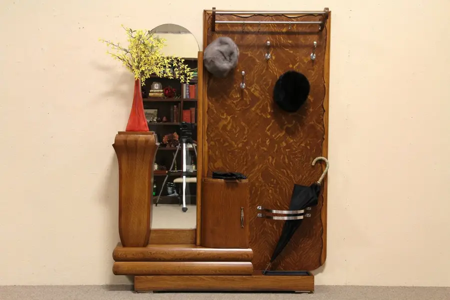 Photo of Art Deco 1930's Antique Oak Hall Stand & Mirror