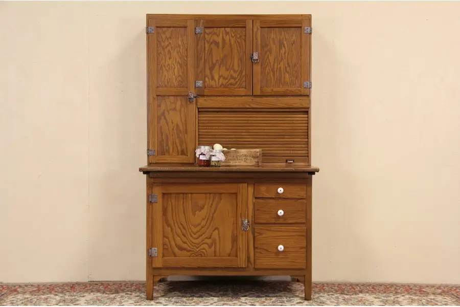 Photo of Sellers Hoosier Oak Kitchen Cupboard Cabinet, Roll Top, Copper