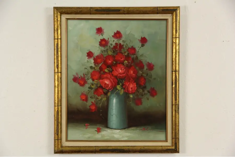 Photo of Red Roses Still Life Vintage Signed Oil Painting