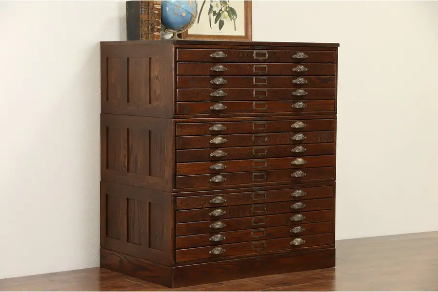 Photo of Oak Vintage Stacking Map Chest, Document or Art Drawing File Cabinet, Signed