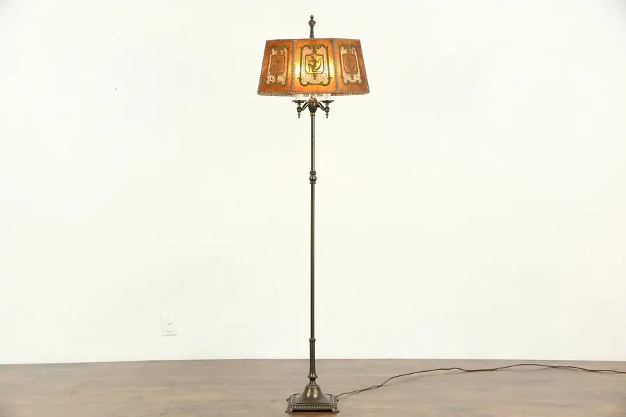 Photo of Rembrandt Signed 1920 Antique Floor Lamp, Painted Mica Shade