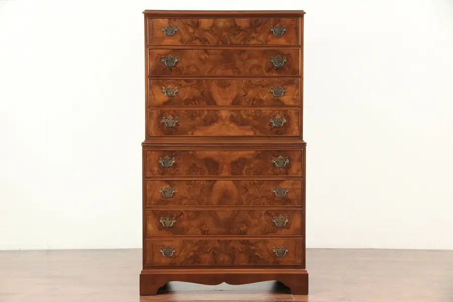 Photo of Tall Chest on Chest or Vintage Highboy, Walnut & Burl, England