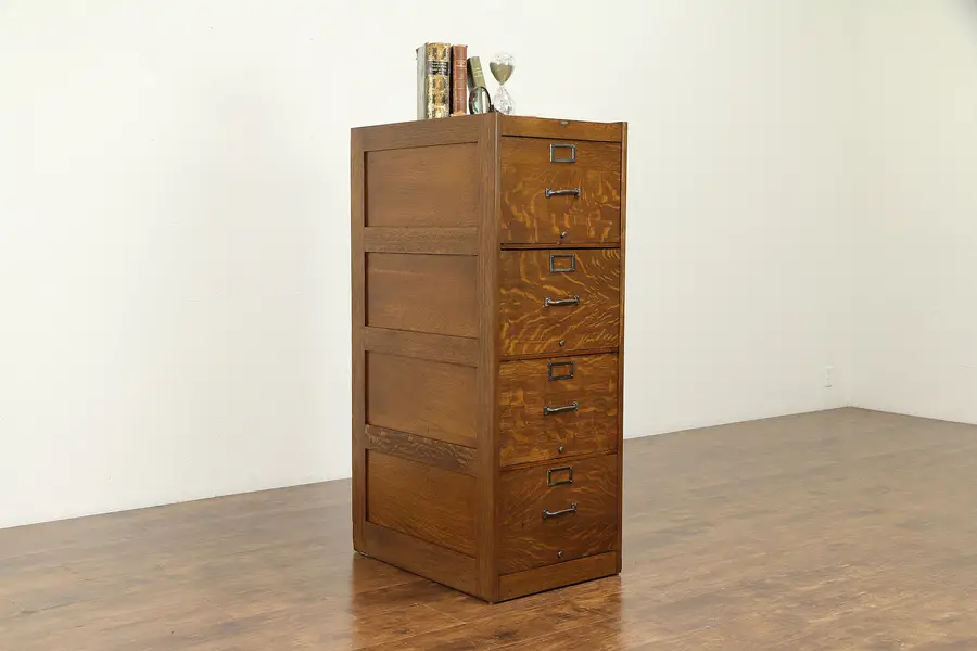 Photo of Oak Antique Craftsman 4 Drawer Legal or Music File Cabinet, Signed Globe