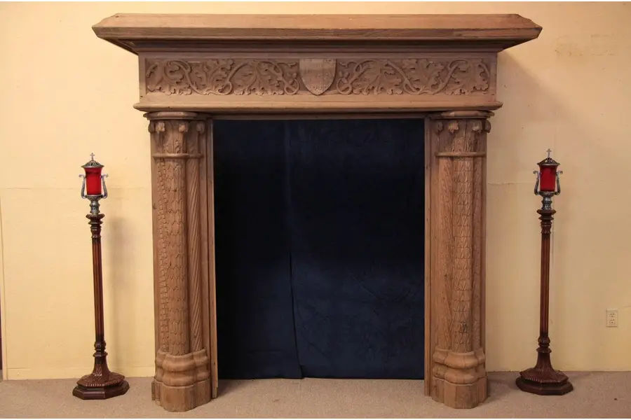 Photo of 7' Tall Carved Oak Chateau Fireplace Mantel, Crest