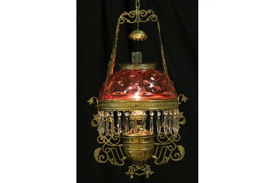 Photo of Victorian 1885 Antique Hanging Lamp, Cranberry Glass Shade