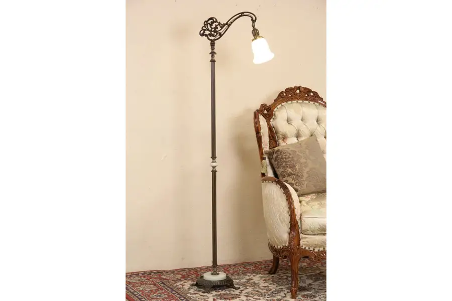 Photo of Reading Floor Bridge Lamp, 1920 Antique Glass Shade