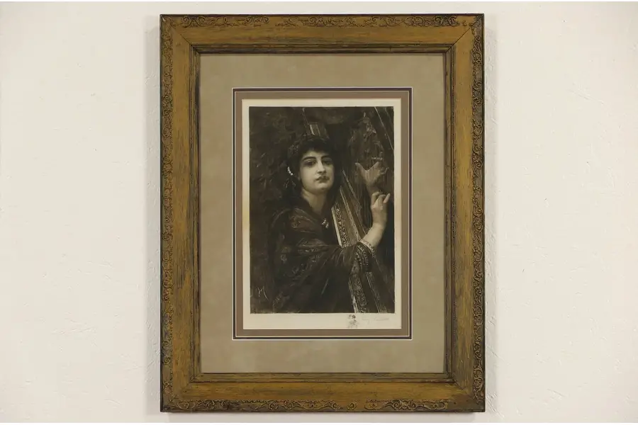 Photo of The Harpist, 1890's Antique Signed Etching, Oak Frame