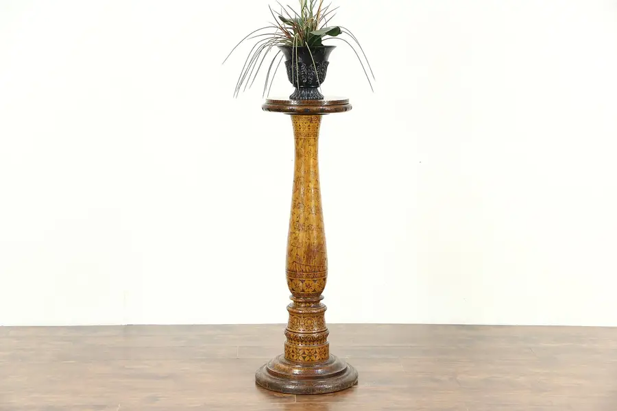 Photo of Burnt Wood Pyrography Latin Inscribed Antique Plant Stand or Sculpture Pedestal