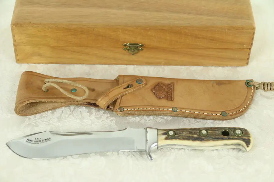 Photo of Puma White Hunter 6377 Knife, Staghorn Handle, Leather Sheath, Original Box