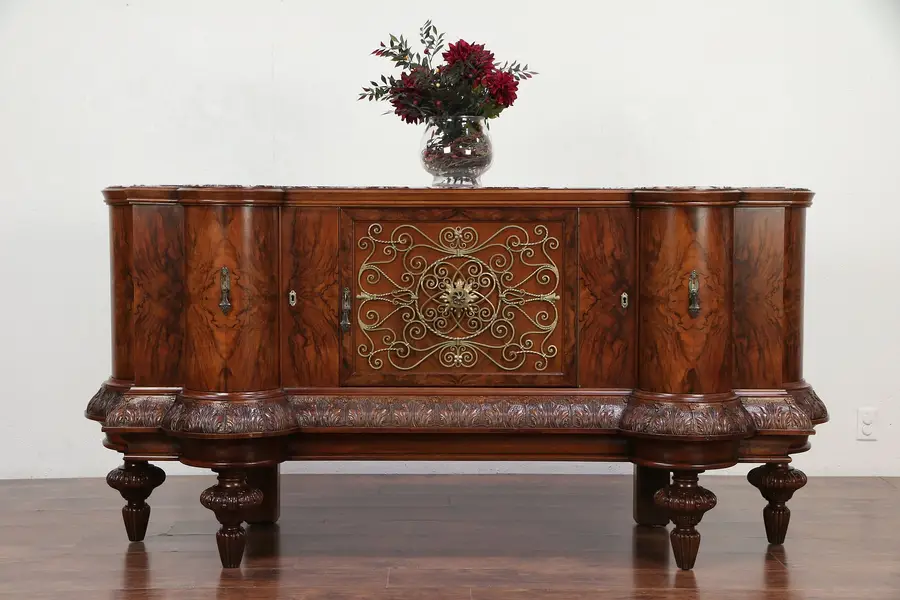 Photo of Italian Art Deco Sideboard, Back Bar or Hall Console Cabinet, Marble Top