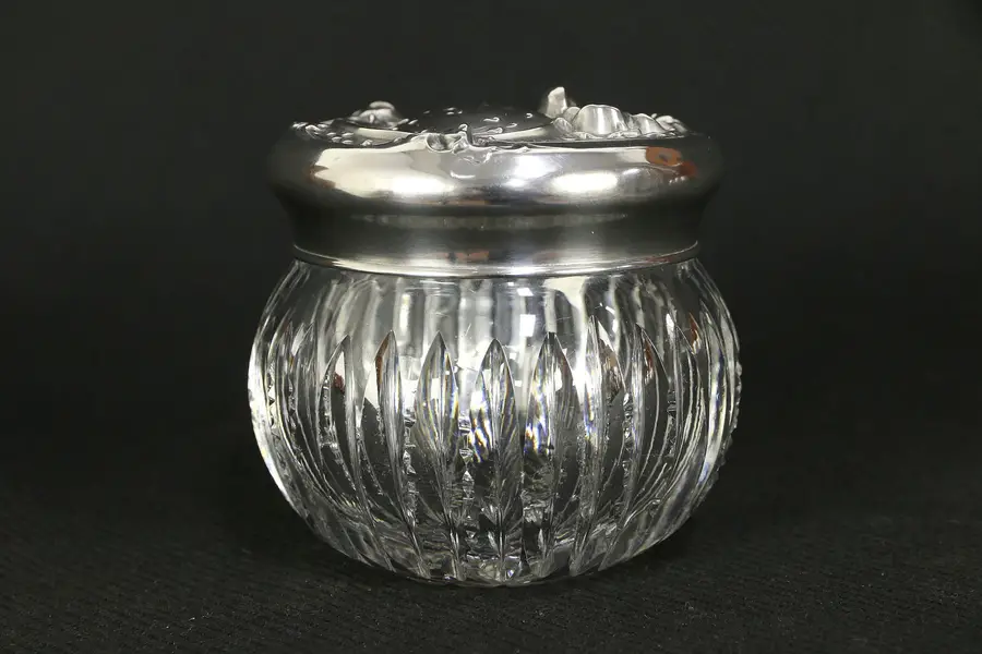 Photo of Victorian Antique Cut Glass Boudoir Jar, Sterling Silver Lid with Poppies