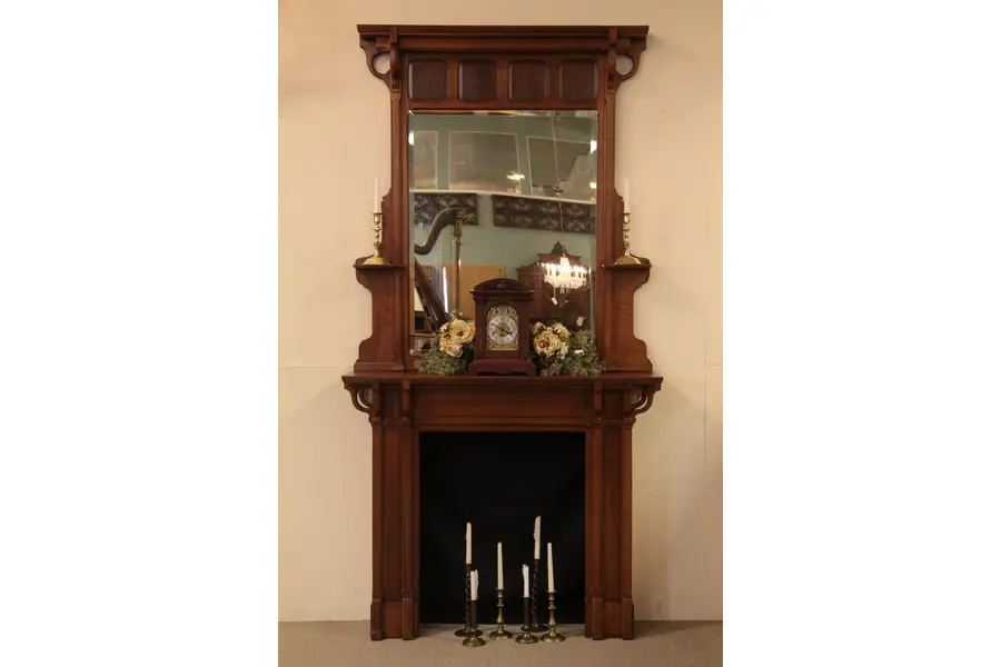 Photo of Carved Art Nouveau Antique Mantel, Beveled Mirror