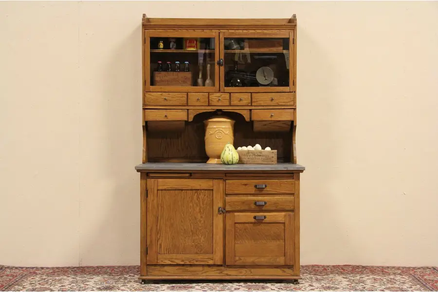 Photo of Hoosier Oak 1910 Antique Kitchen Baker Cupboard, Zinc Top