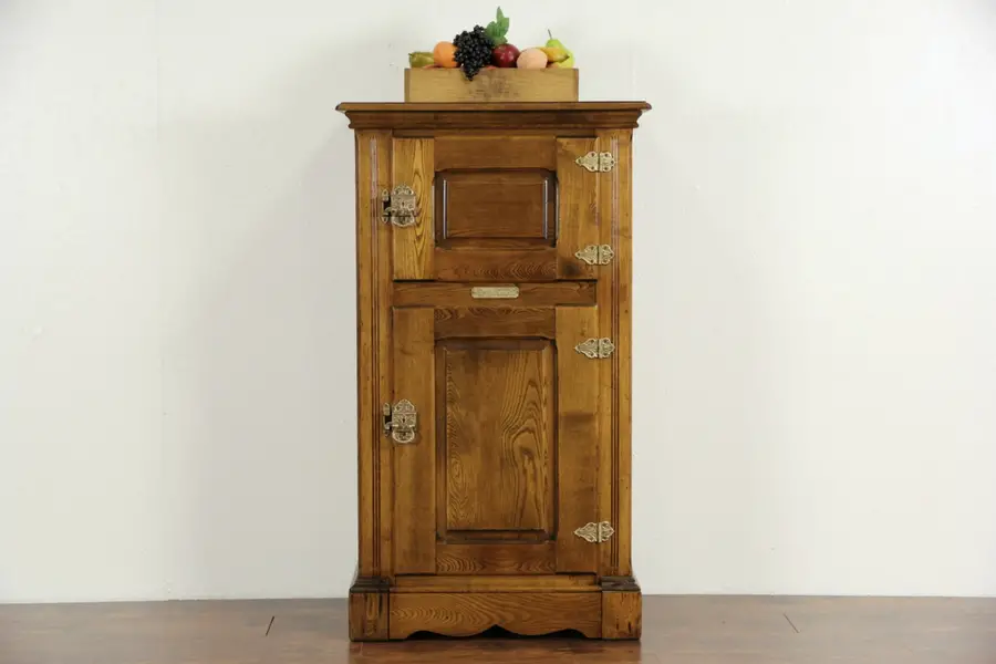 Photo of Oak 1890 Antique Ice Box, Raised Panels, Signed "New Iceberg"