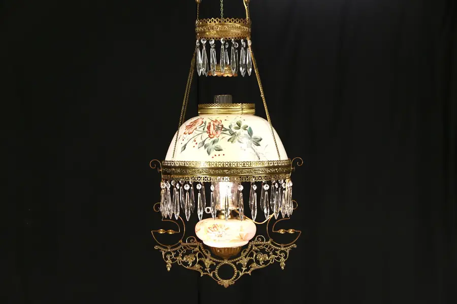 Photo of Victorian 1880's Antique Brass Electrified Ceiling Light, Hand Painted Shade