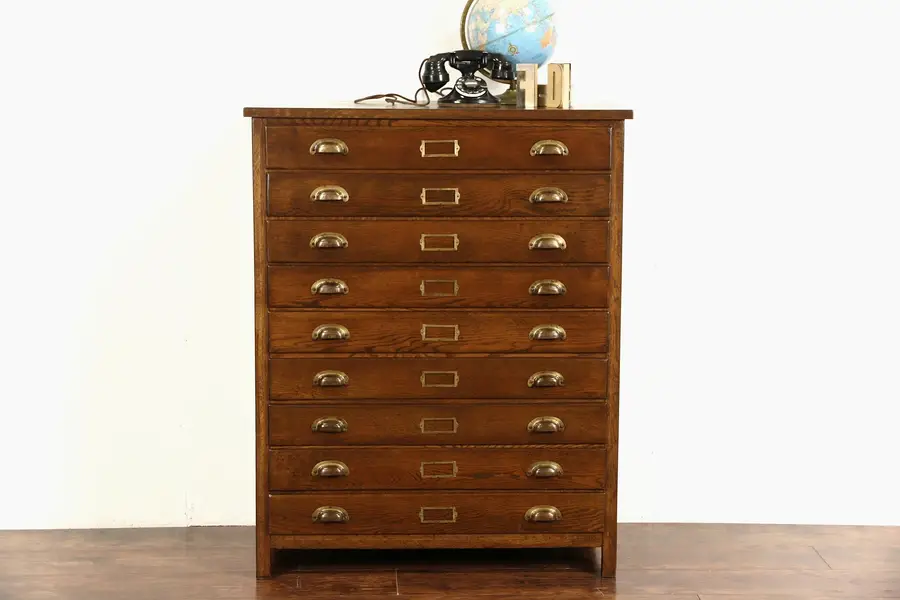Photo of Oak 1915 Antique 9 Drawer Collector Cabinet, Map Chest, Industrial File