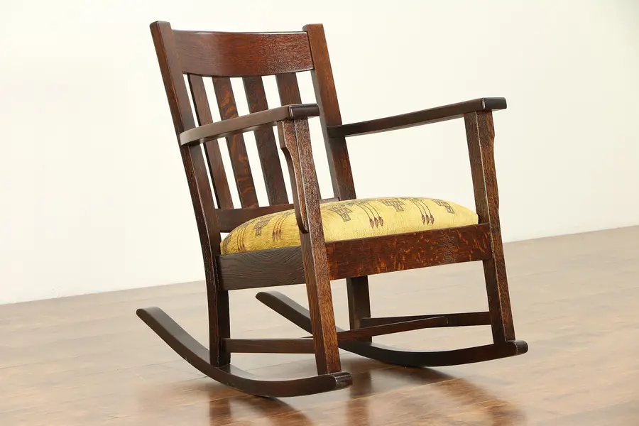 Photo of Arts & Crafts Mission Oak Antique Rocker, Tall Craftsman Rocking Chair