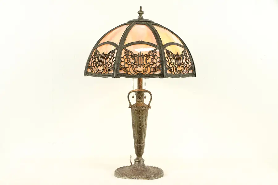 Photo of Purple Stained Glass 8 Panel Shade Antique Lamp, Vase Shaped Base
