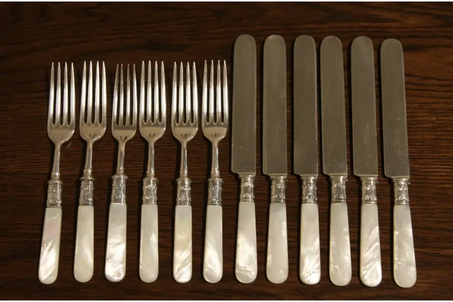 Photo of Mother of Pearl Silverware Antique Flatware Set of 6 Knives & 6 Forks