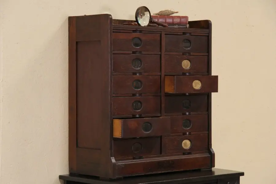 Photo of Amberg Antique Oak Hanging or Counter Top Letter File Pat. 1883, Jewelry Chest