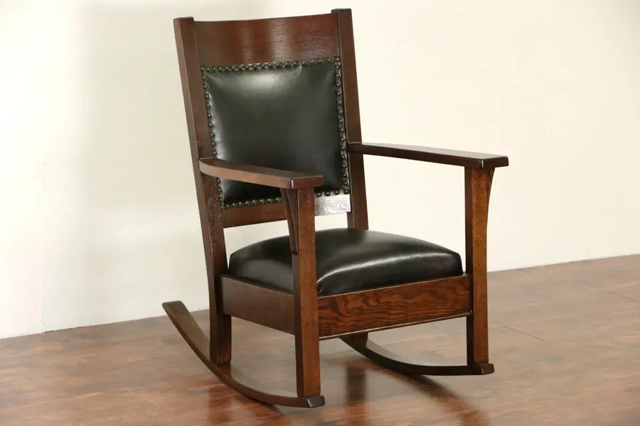 Photo of Arts & Crafts Mission Oak 1910 Antique Rocking Chair, New Leather Rocker