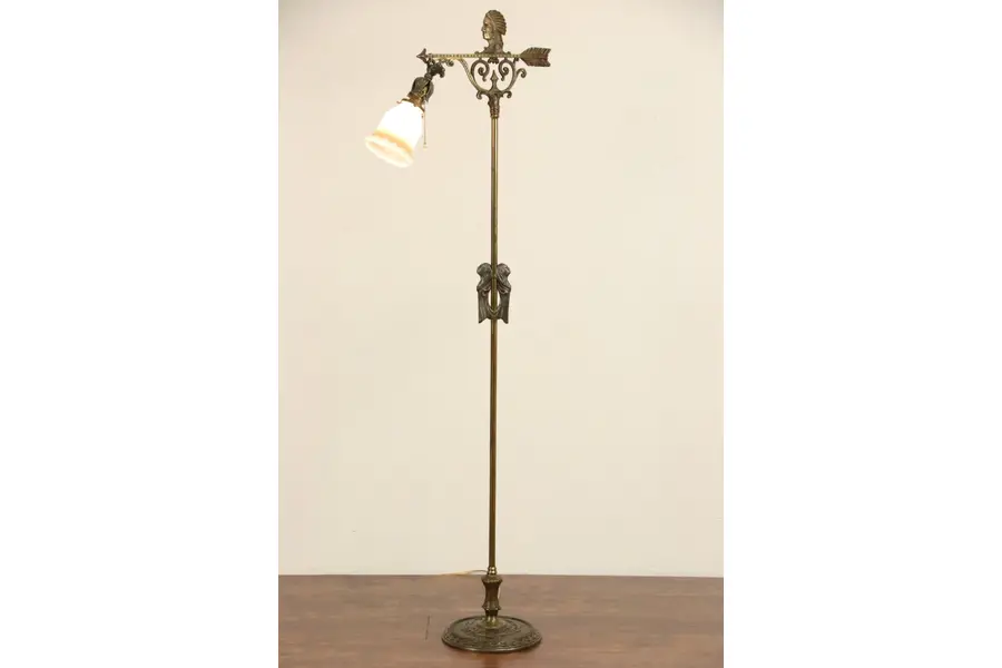 Photo of Indian Motif 1915 Antique Bridge Floor Reading Lamp, Glass Shade