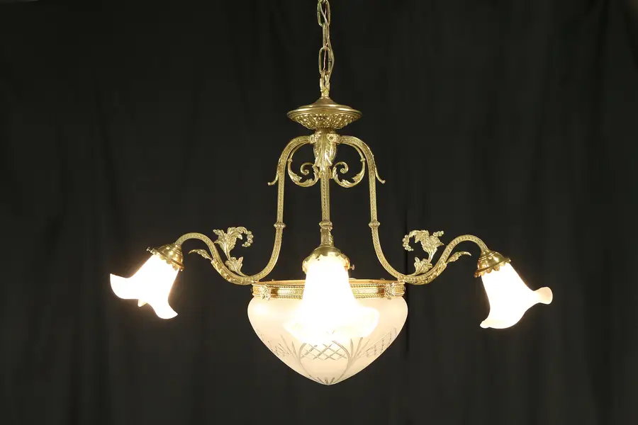 Photo of Brass Vintage Chandelier with 5 Etched or Cut Glass Shades