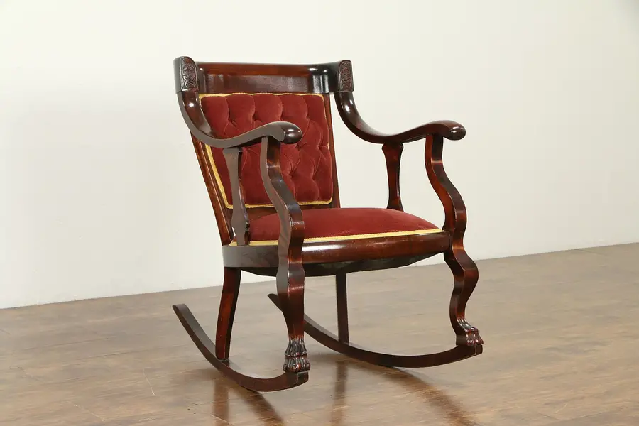 Photo of Empire Antique Rocker Rocking Chair, Paw Feet, Recent Upholstery
