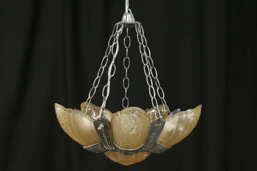 Photo of Art Deco 1930 Vintage Chandelier, 5 Satin Glass Shades