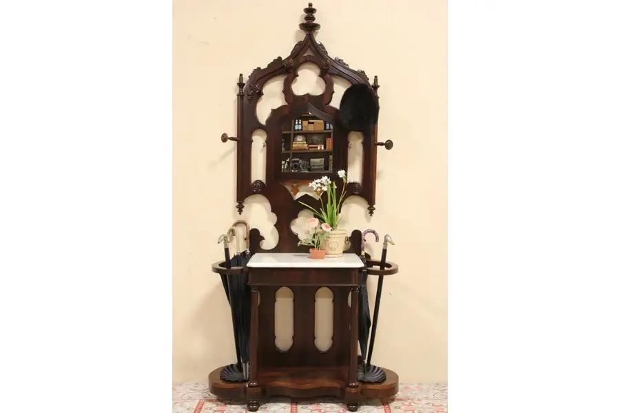 Photo of Victorian Gothic 1850 Rosewood Hall Stand, Marble Top