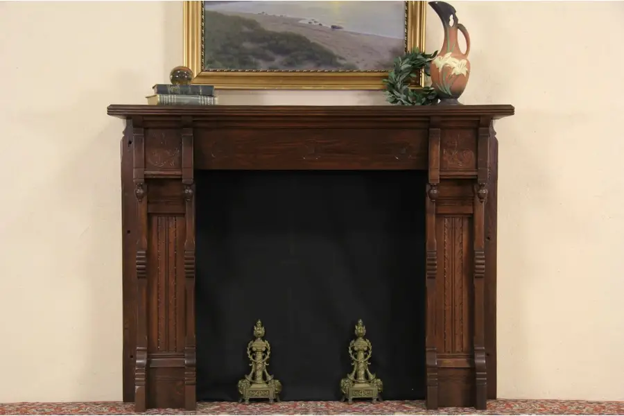 Photo of Victorian Eastlake Oak 1880 Antique Salvage Fireplace Mantel Surround