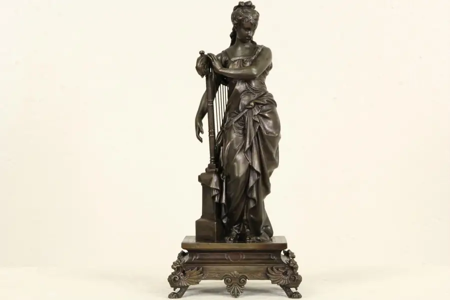 Photo of Harpist Statue, 1870 Antique Sculpture on Pedestal