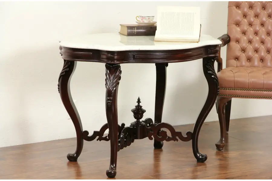 Photo of Victorian Marble Top 1870's Antique Walnut Turtle Top Parlor Lamp Table