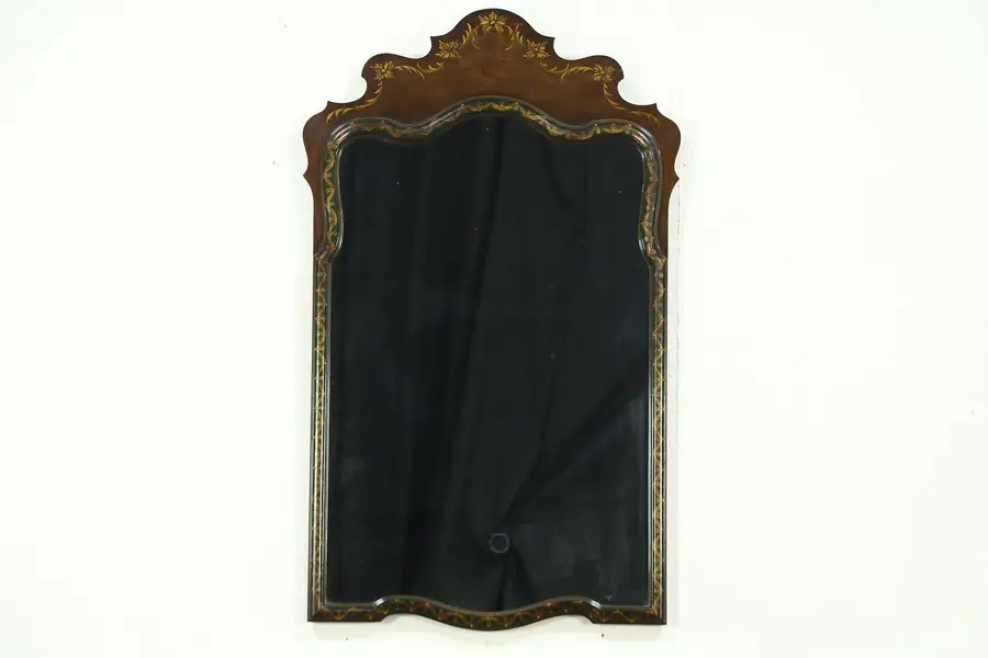 Photo of Walnut & Burl Hand Painted Wall Mirror, signed Tobey