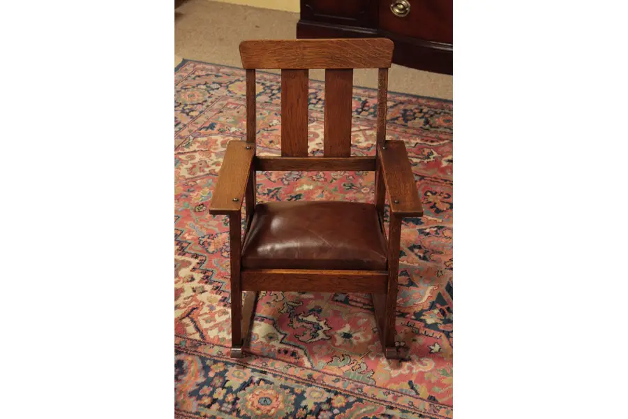 Photo of Child's Arts & Crafts Oak Rocker, Leather