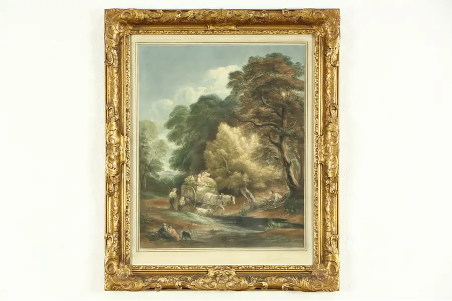 Photo of Hand Colored Horse & Wagon Etching in Original Gold Frame, Signed London, 1908