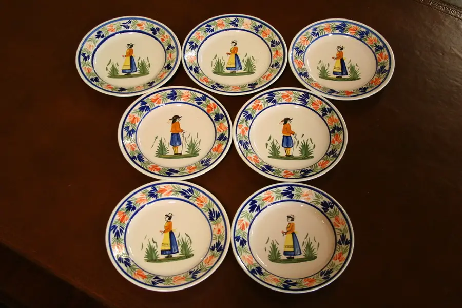 Photo of Quimper Set of 7 Hand Painted Pottery Plates, 7"