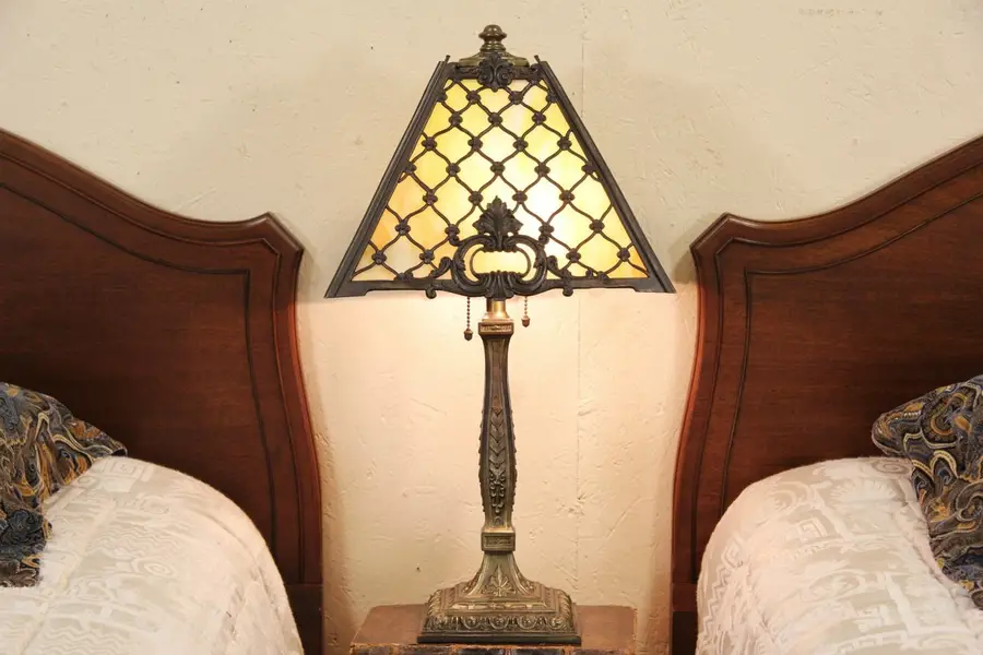 Photo of Wilkinson Stained Glass 1915 Antique Table Lamp, Woven Filigree Shade