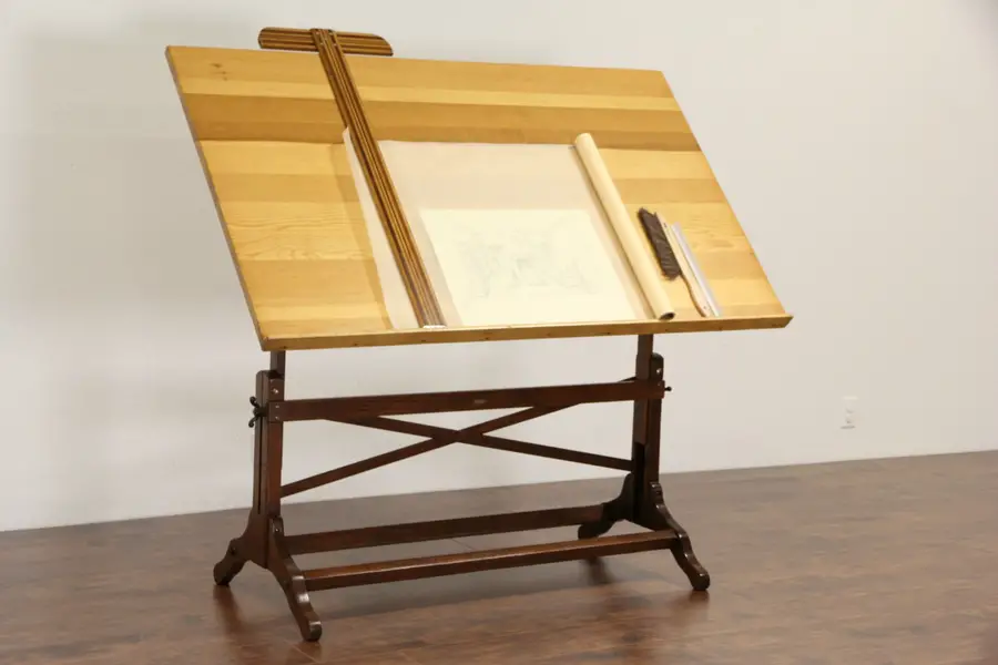 Photo of Artist Easel, Drafting Table or Desk, 1940's Adjustable Oak & Pine Antique