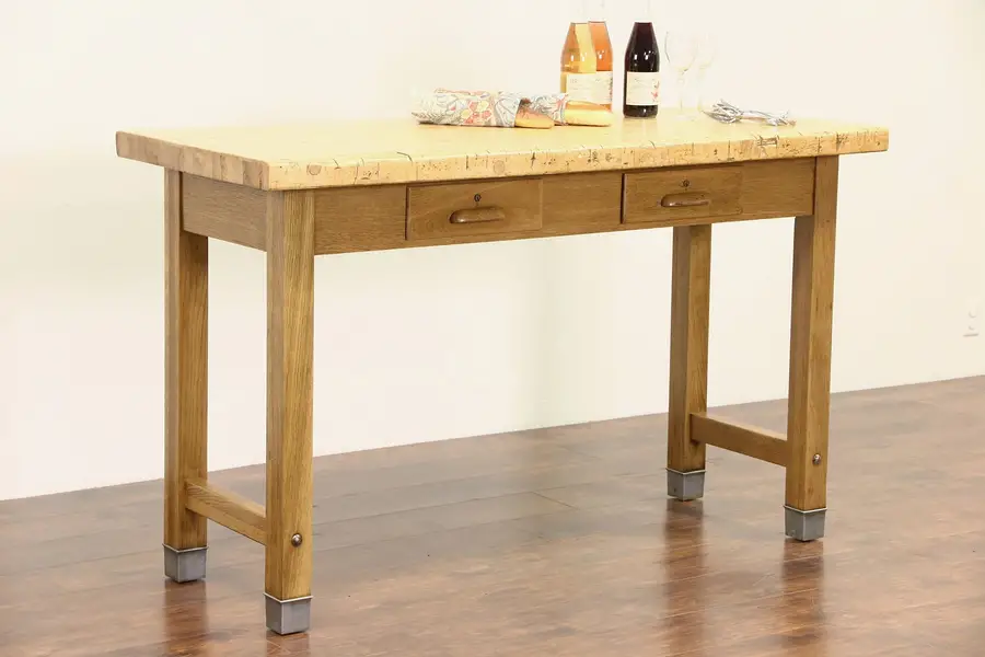 Photo of Kitchen Island, Industrial Lab Work Table, 1920's Butcher Block & Oak Base