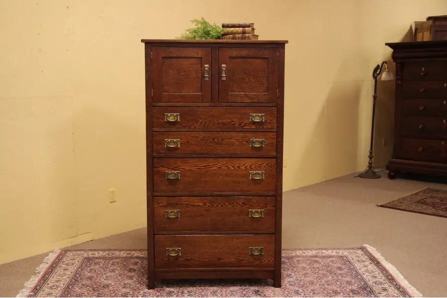 Photo of Arts Crafts Mission Oak Antique Tall Chest / Highboy