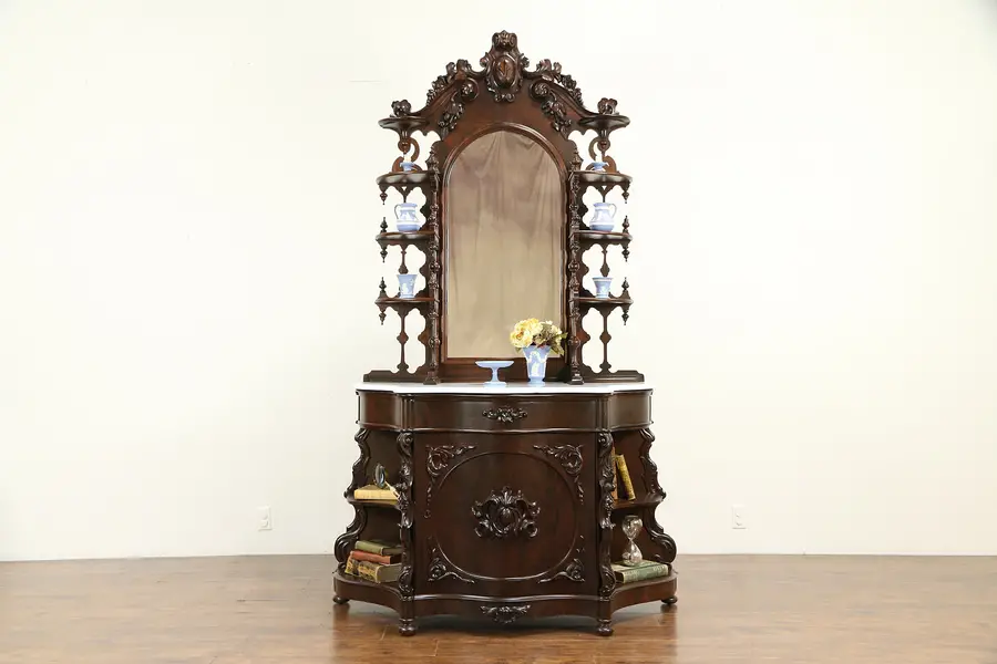 Photo of Victorian Antique Rosewood Etagere Display Cabinet, Marble Top