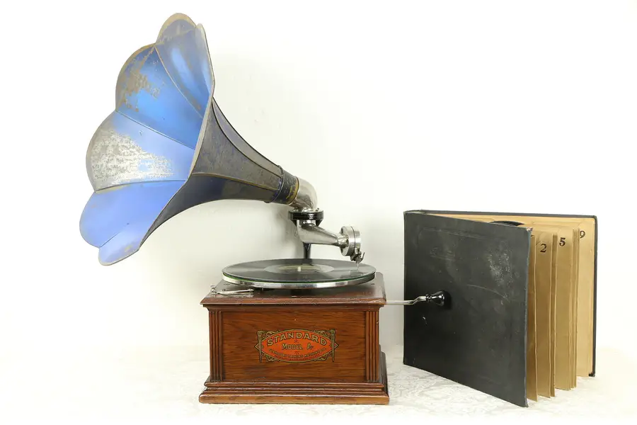 Photo of Standard Model A Antique Oak Phonograph, Morning Glory Horn, Records