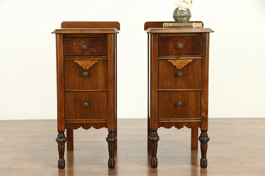 Photo of Pair Antique Nightstands, Walnut & Curly Birdseye Maple