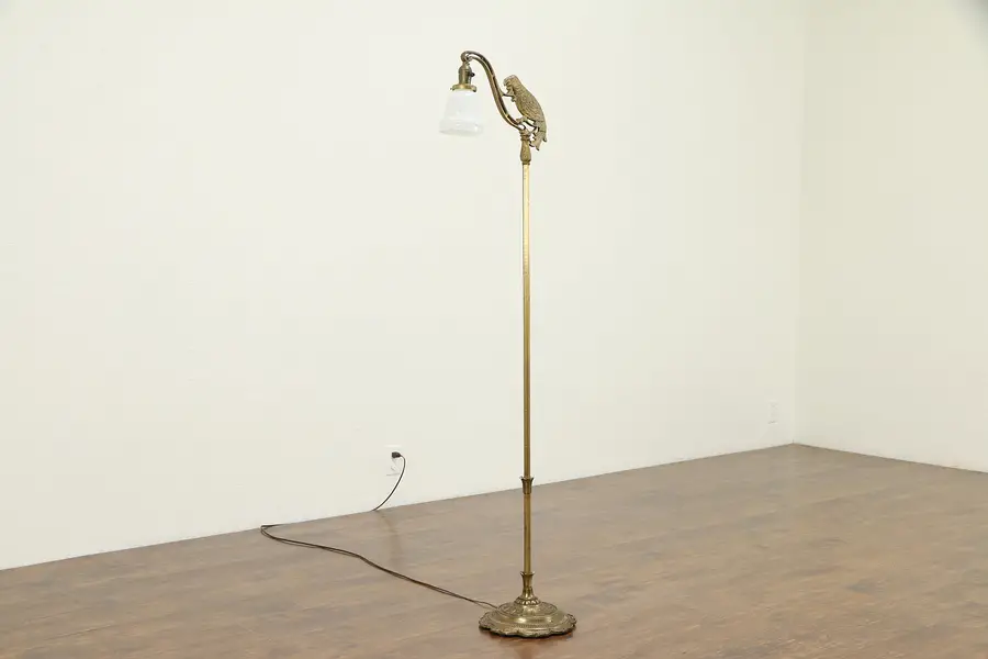 Photo of Bridge or Antique Floor Reading Lamp with Parrot, Milk Glass Shade